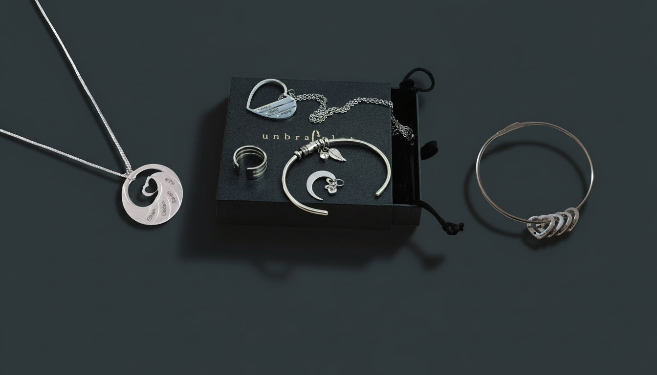 Silver jewelry set including necklace, earrings, and bracelet on a dark background with 'unbranded' packaging.